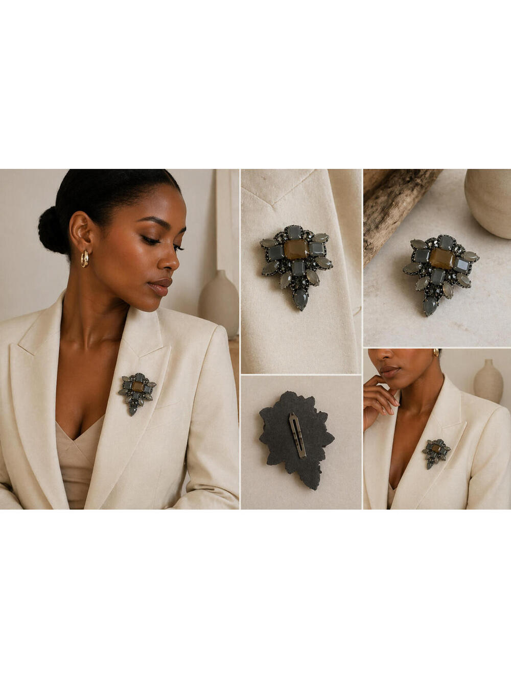 Deepa Gurnani Gray Crystal Statement Brooch Hair Clip Neutral Stone Embellished